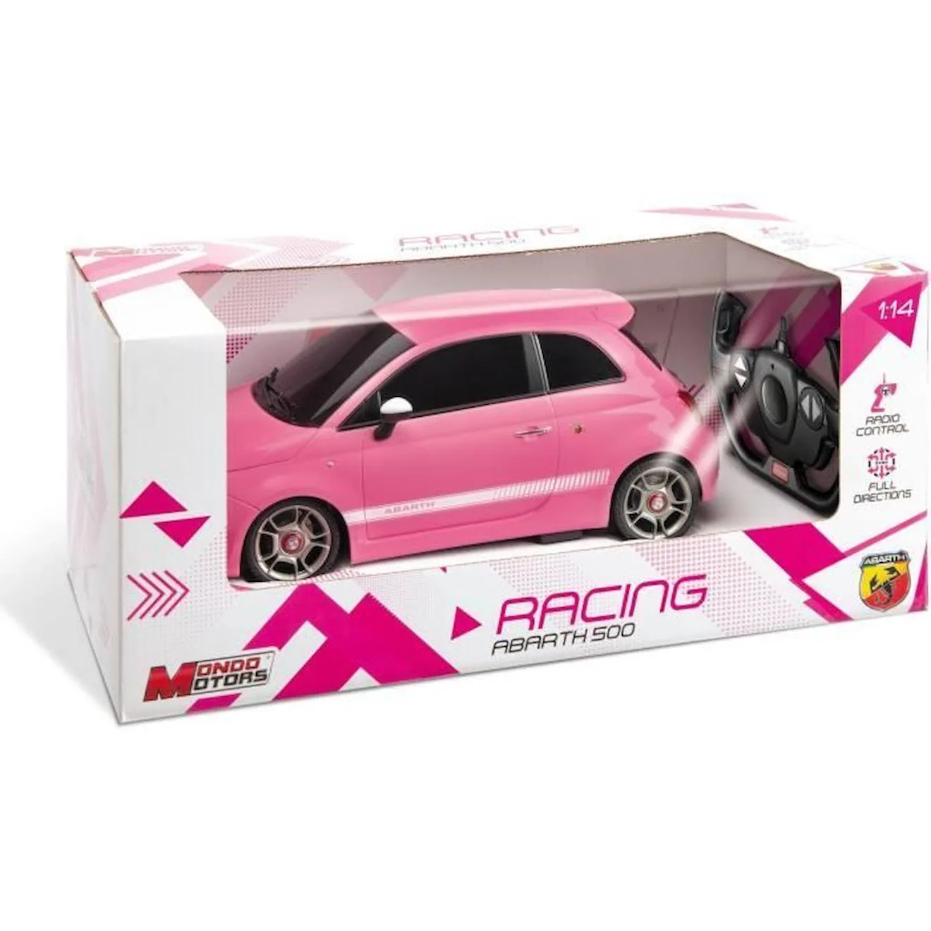 MONDO MOTORS - Véhicule radiocommandé - Effets lumineux - Fiat Abarth 500 - Voiture - chelle 1:14ème rose - Mondo